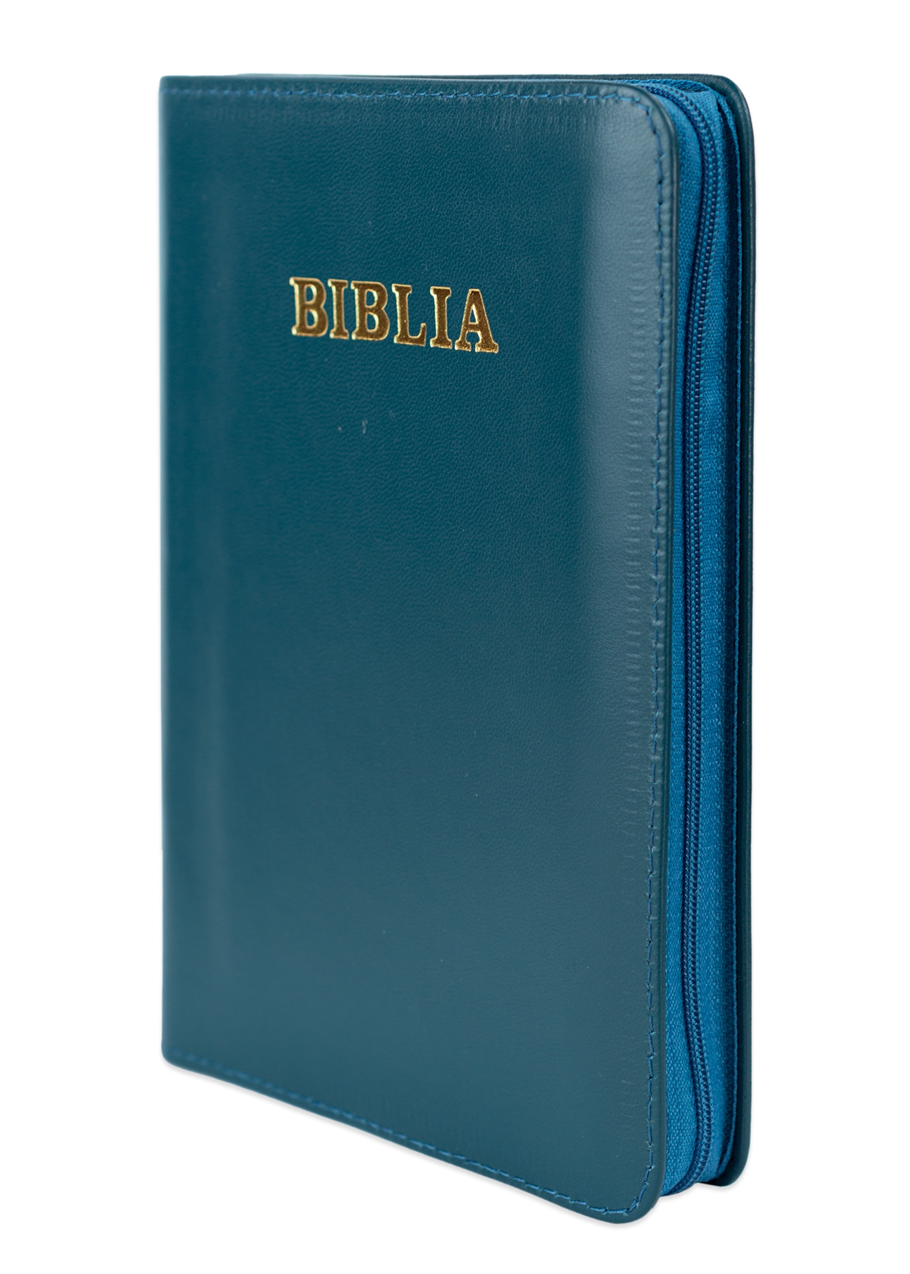 Biblie din piele, marime medie, culoare, albastru turcoaz închis, fermoar, index, margini aurii, cuv. lui Isus cu rosu [SB 057 PFI]