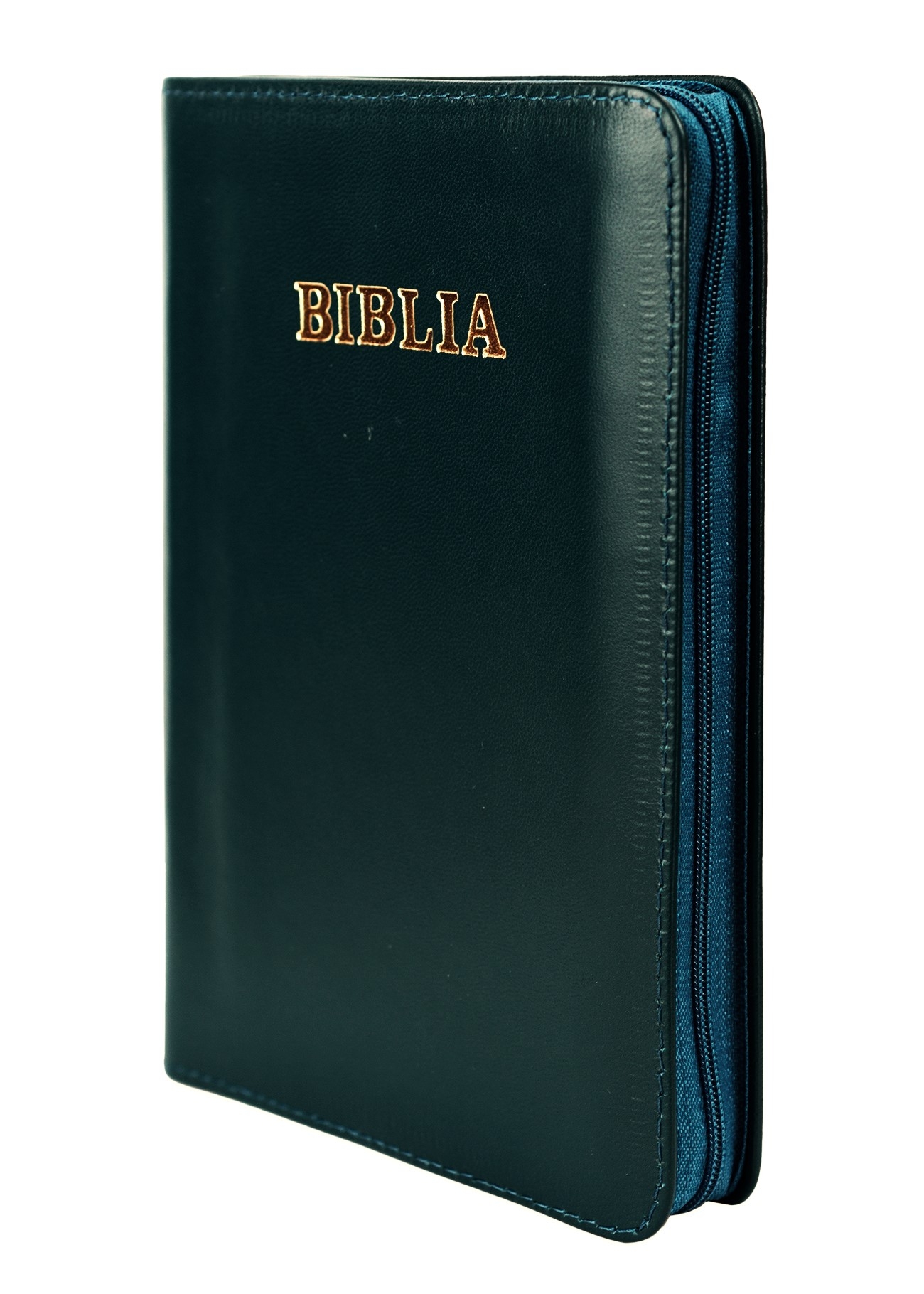 Biblie din piele, marime medie, culoare, turcoaz închis, fermoar, index, margini aurii, cuv. lui Isus cu rosu [SB 057 PFI]