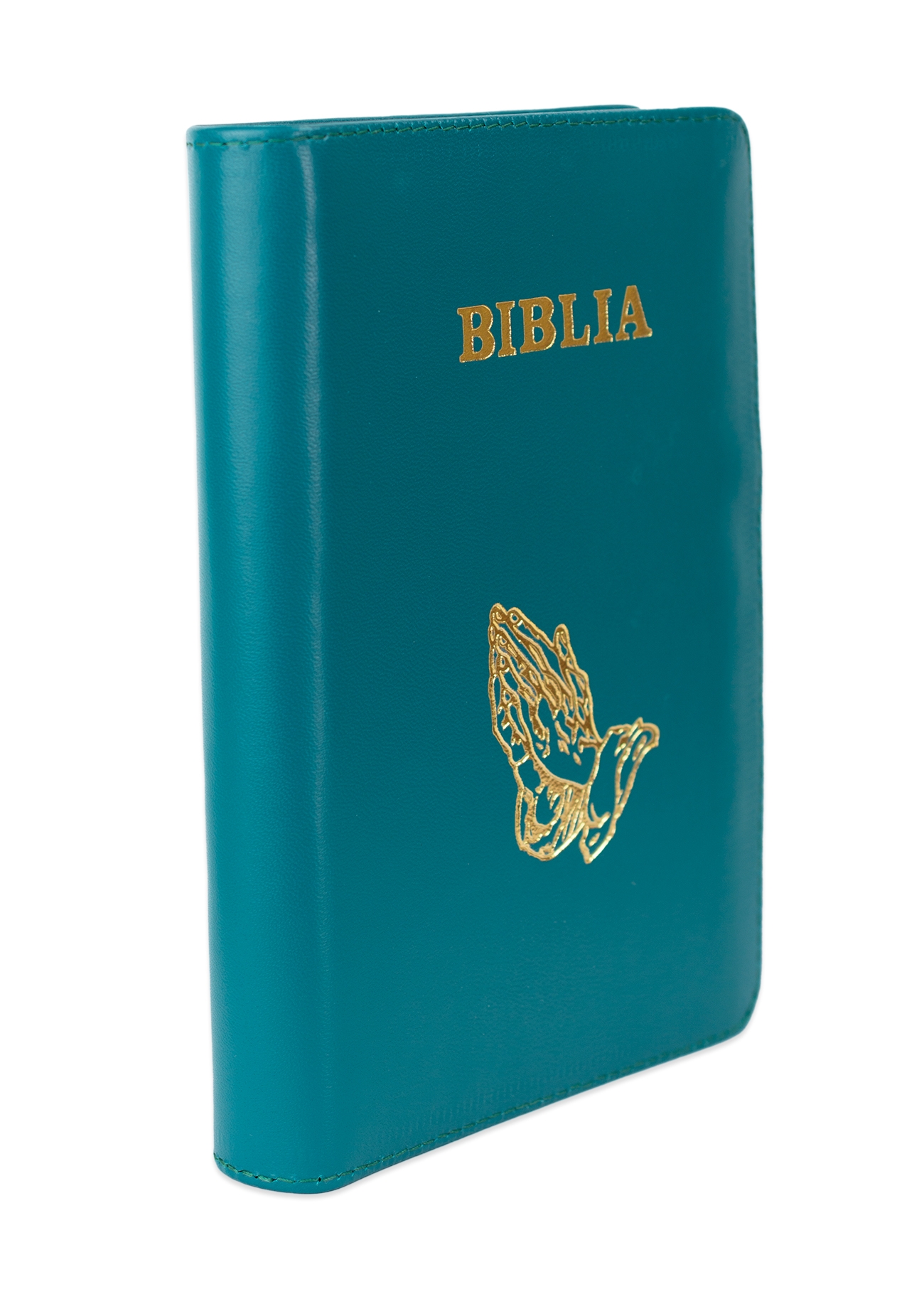 Biblie din piele, marime medie, culoare, verde turcoaz închis, maini in rugaciune, fermoar, index, margini aurii, harti biblice [SI 057 PFI]