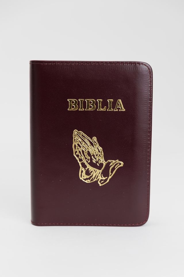 Biblia mica, coperta piele, culoare, vișiniu închis, index, fermoar, margini aurii,  simbolul maini, cuv. lui Isus in rosu [047 PFI]
