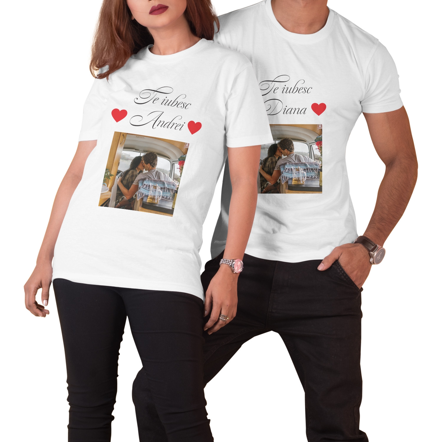 Tricou cuplu / iubiti, personalizat cu poză și nume – Te iubesc