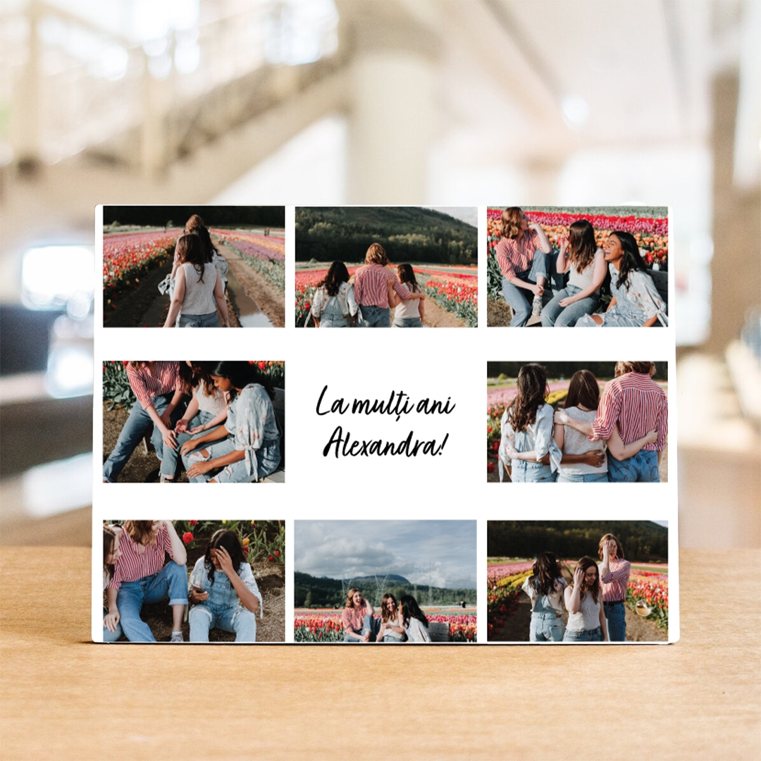 Ramă foto personalizată cu nume și 8 poze – La multi ani!