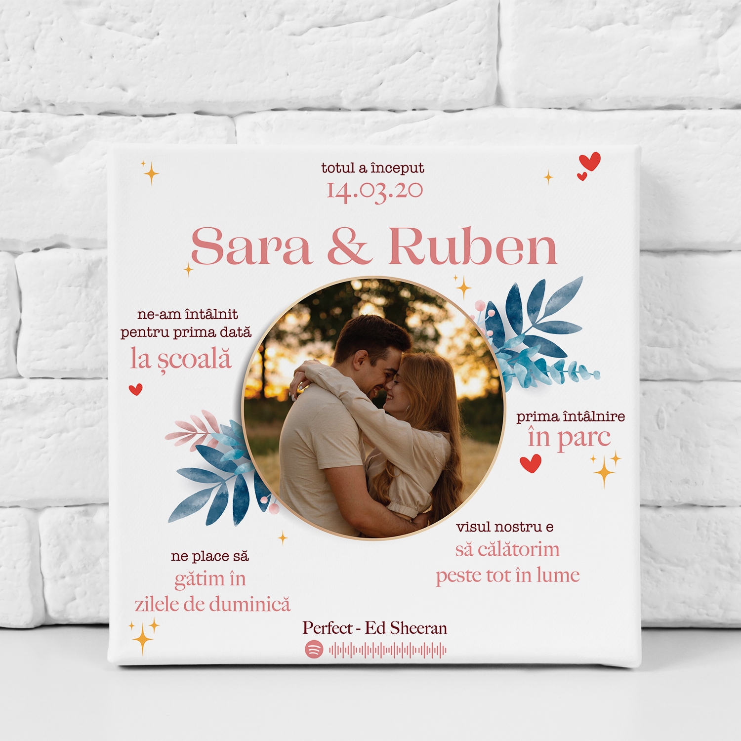 Tablou canvas personalizat cu poză, două nume și text – Melodie cod QR