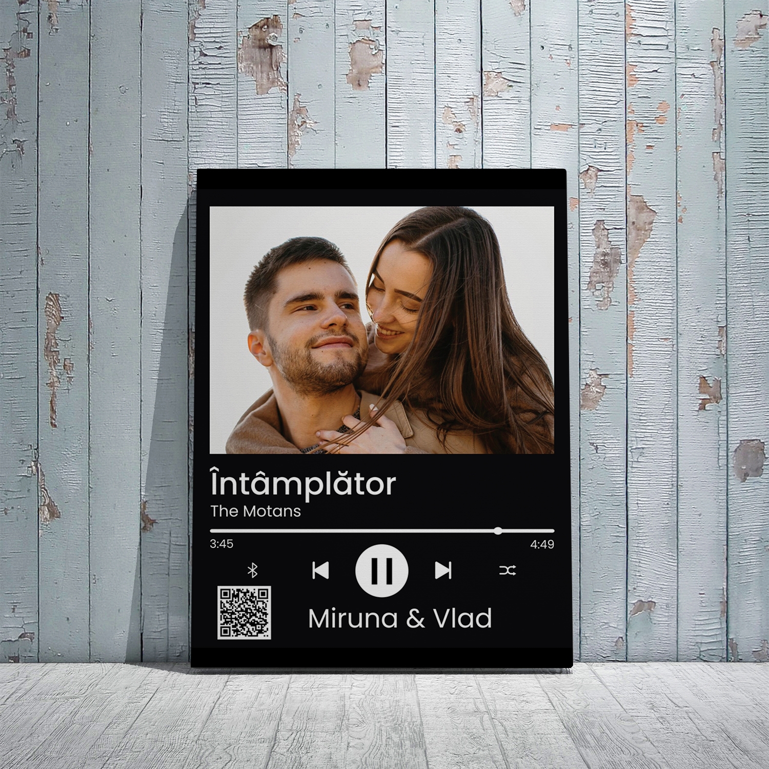 Tablou canvas personalizat cu poză și două nume – Melodie cod QR