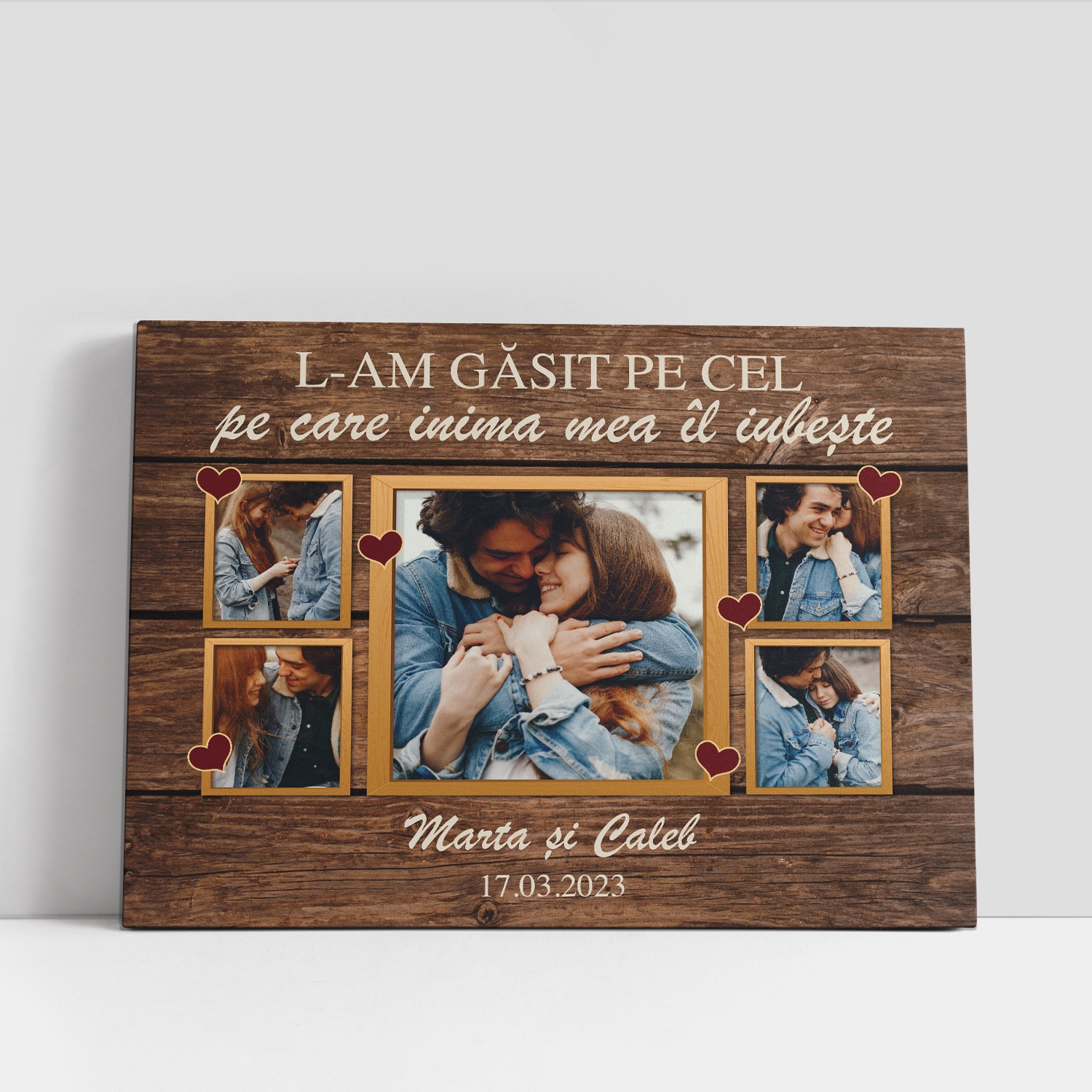 Tablou canvas personalizat cu 5 poze, două nume și dată Tablou canvas personalizat cu 5 poze, două nume și dată