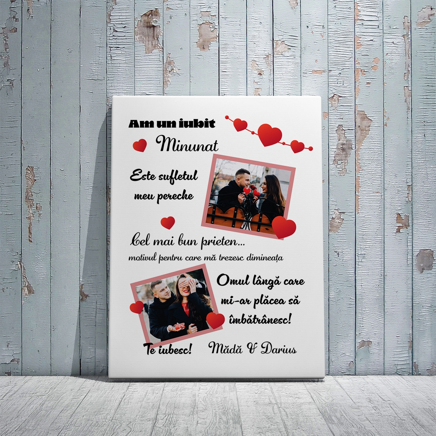 Tablou canvas personalizat cu două poze și două nume – Iubit minunat