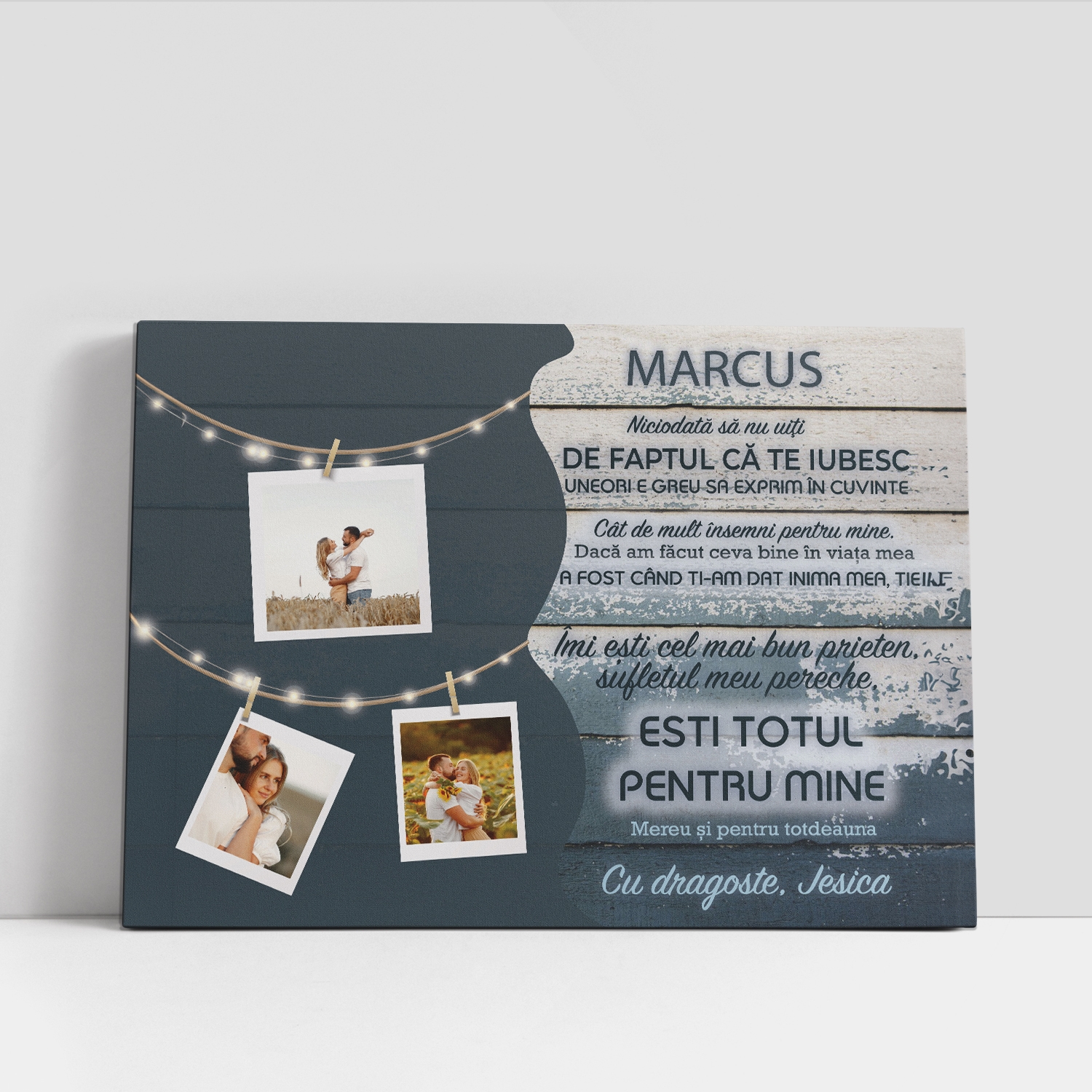 Tablou canvas personalizat cu 3 poze și două nume – Ești totul pentru mine Tablou canvas personalizat cu 3 poze și două nume – Ești totul pentru mine