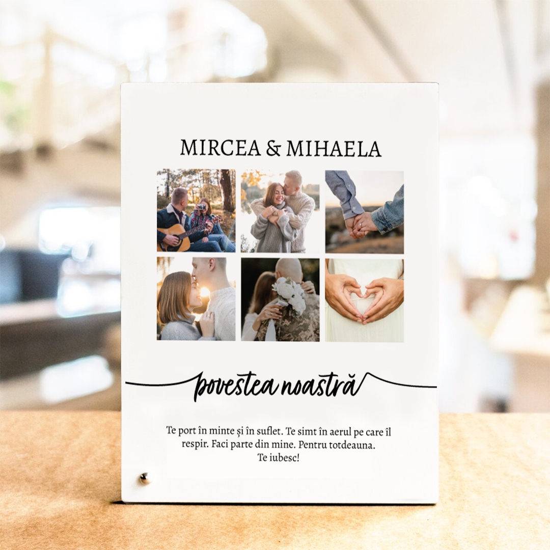 Ramă foto personalizată cu text și 6 poze – Povestea noastră Ramă foto personalizată cu text și 6 poze – Povestea noastră
