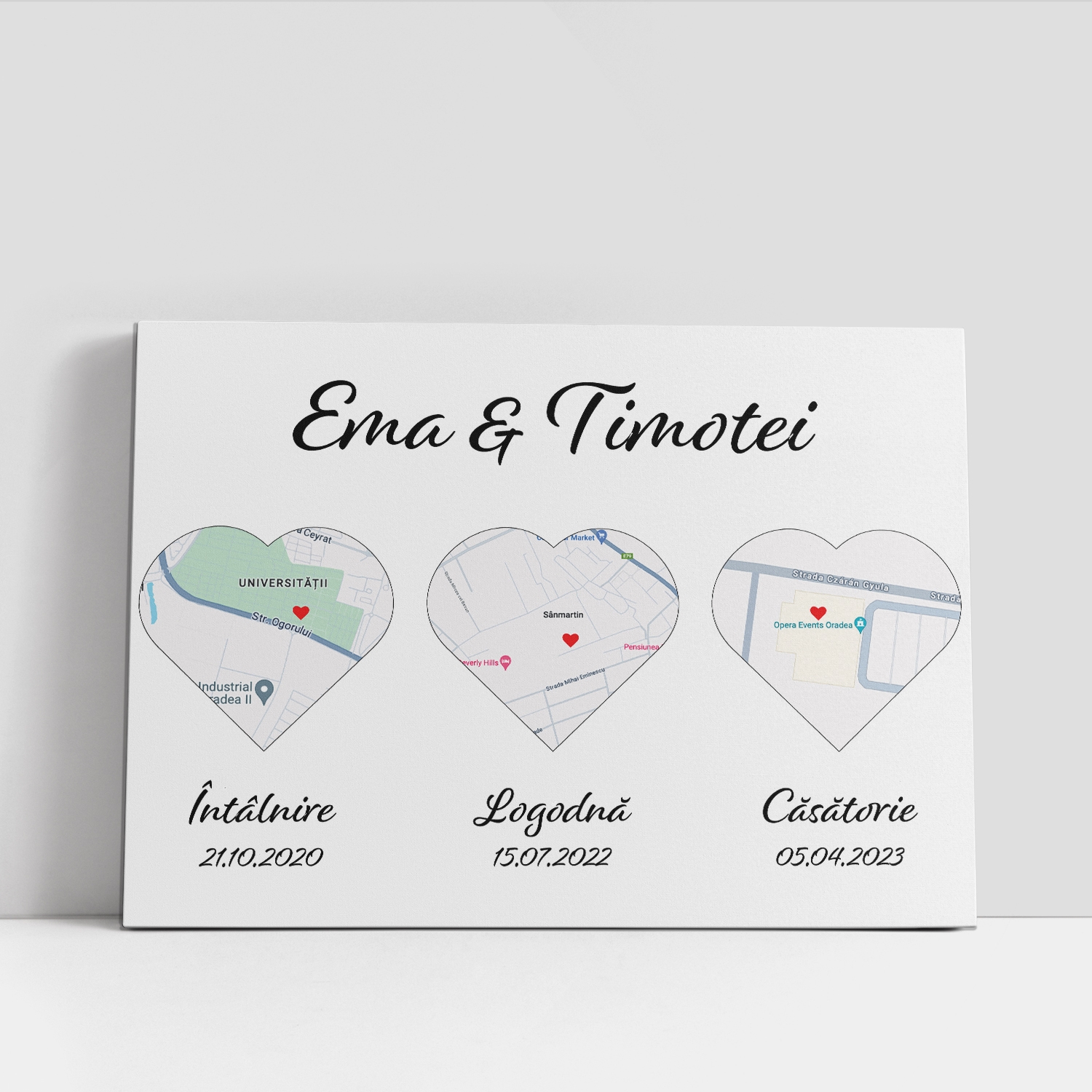 Tablou canvas personalizat cu două nume și locație Tablou canvas personalizat cu două nume și locație