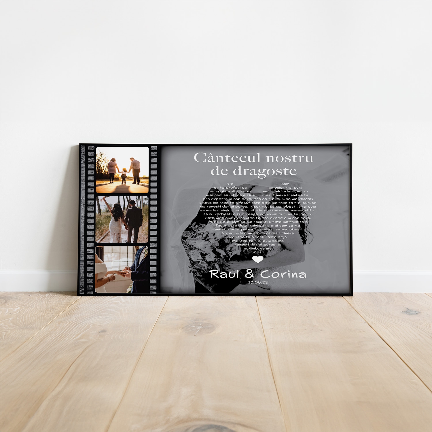 Tablou canvas personalizat cu 4 poze, două nume și poză – Cântecul nostru de dragoste