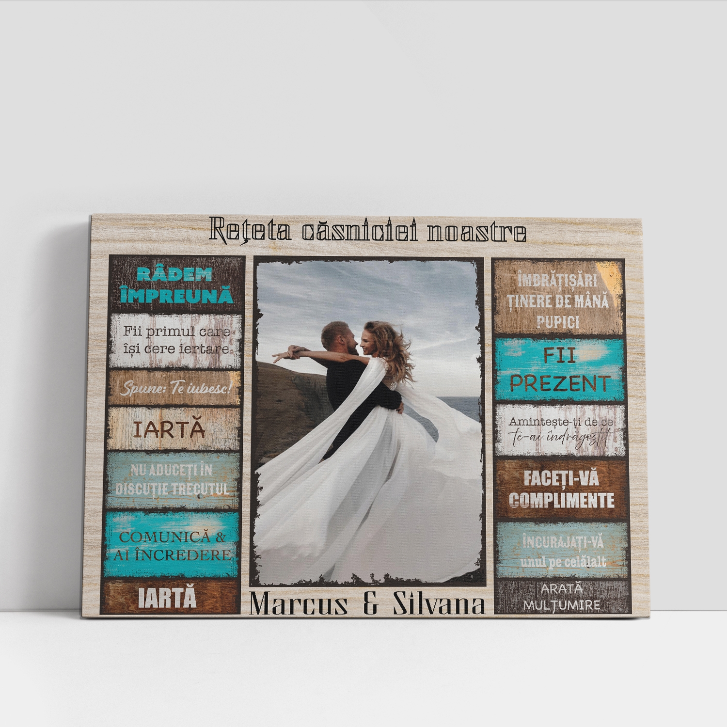 Tablou canvas personalizat cu două nume și poză – Rețeta căsniciei noastre Tablou canvas personalizat cu două nume și poză – Rețeta căsniciei noastre