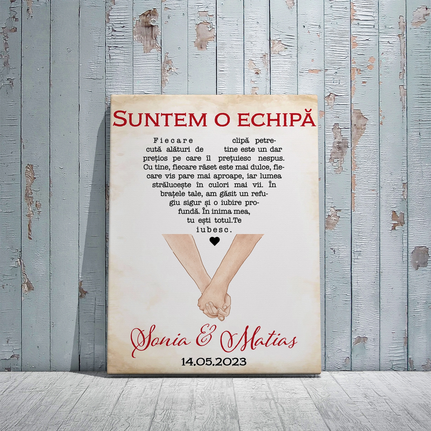 Tablou canvas personalizat cu două nume și dată – Suntem o echipă Tablou canvas personalizat cu două nume și dată – Suntem o echipă