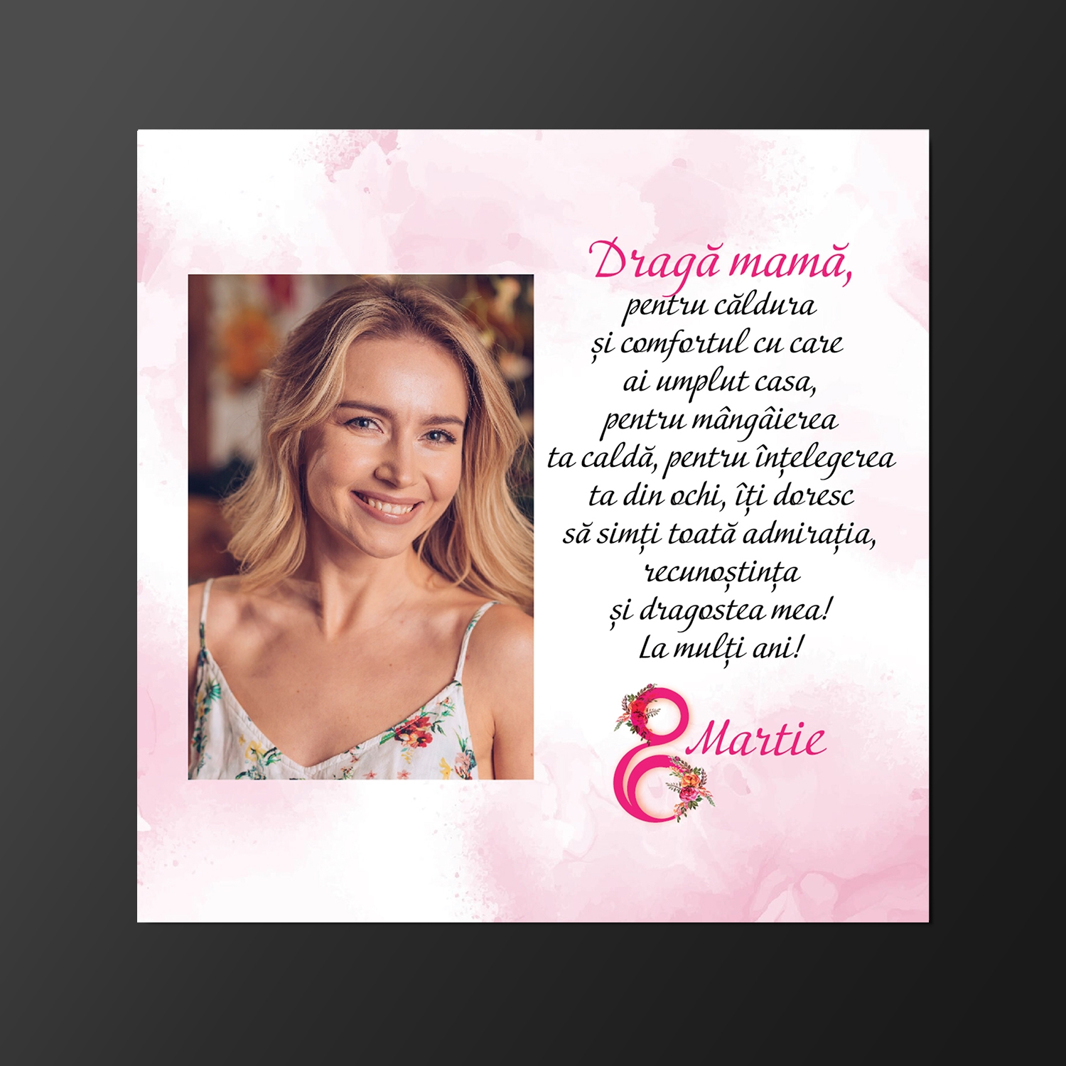 Magnet personalizat cu poză și text 10x10cm – 8 Martie