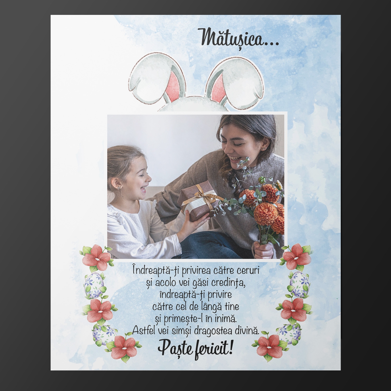 Magnet personalizat cu poză, text și nume 10x15cm – Paște Fericit