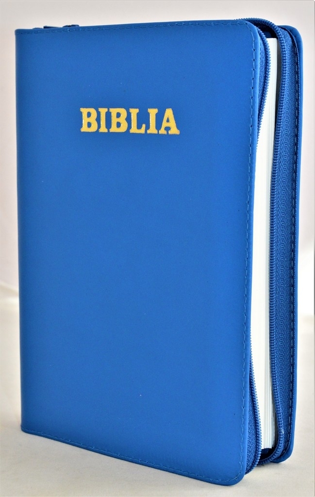 Biblie din piele,marime mica, culoare albastru, fermoar, margini albe, cuv. lui Isus in rosu [043 PF]