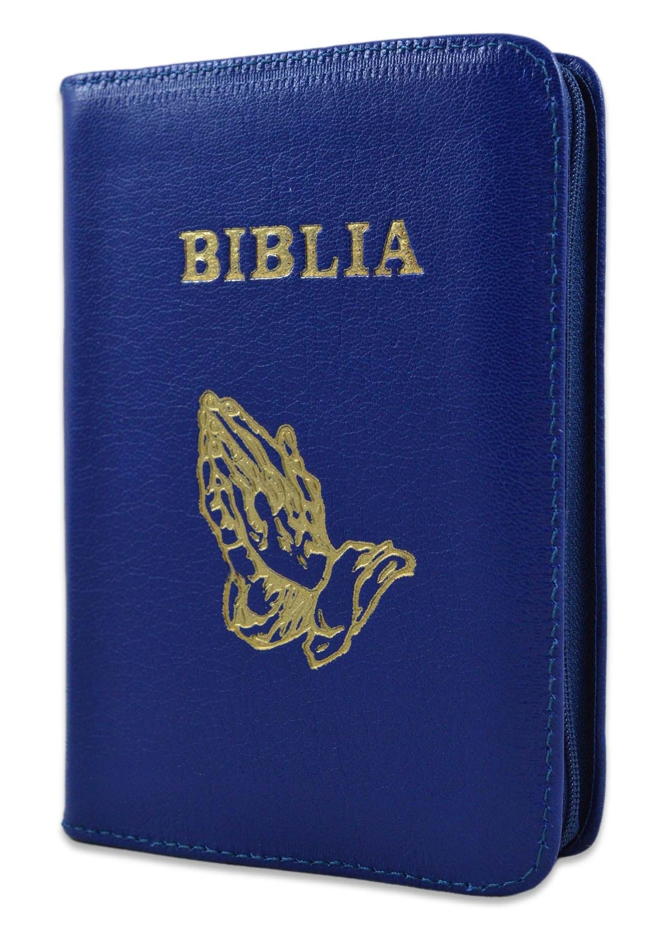 Biblia format mic, din piele, culoare albastru inchis, index, fermoar, margini argintii, simbolul maini, cuv. lui Isus in rosu [047 PFI]