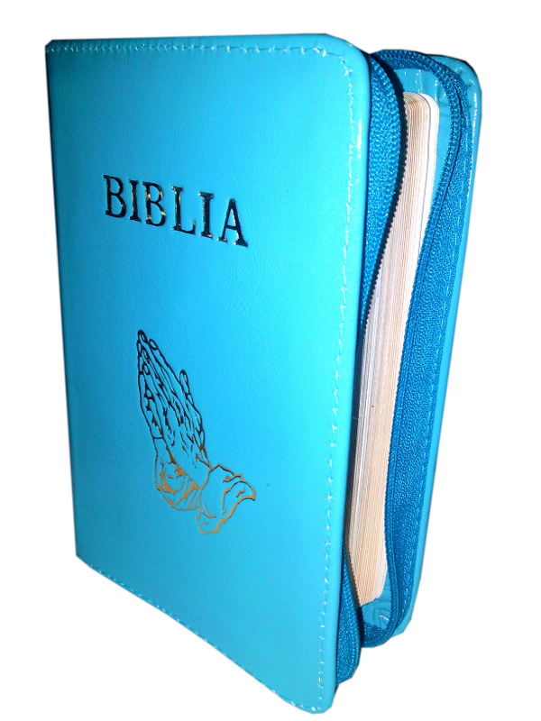 Biblie din piele,marime mica, culoare albastru deschis, fermoar, margini albe, simbolul maini in rugaciune, cuv. lui Isus in rosu [043 PF]