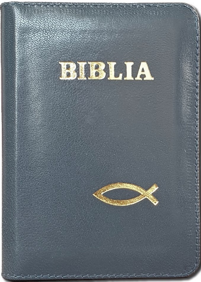 Biblie din piele,  marime mica, culoare verde inchis, fermoar, margini albe,simbol peste, cuv. lui Isus in rosu [043 PF]