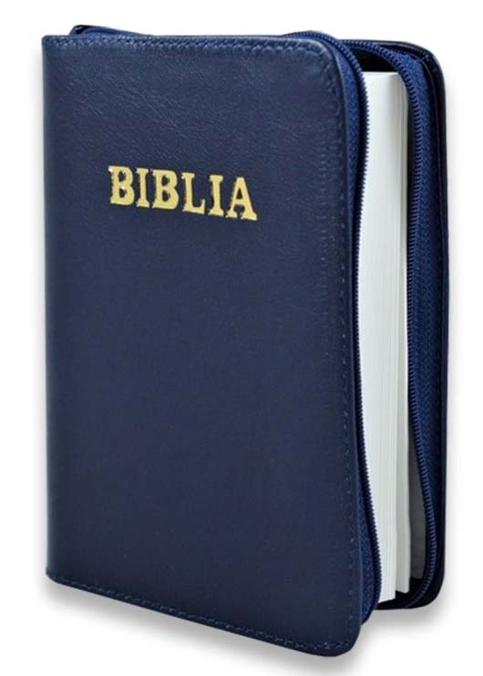 Biblia din piele, marime medie, culoare bleumarin, fermoar,margini albe, cuv. lui Isus cu rosu [053]