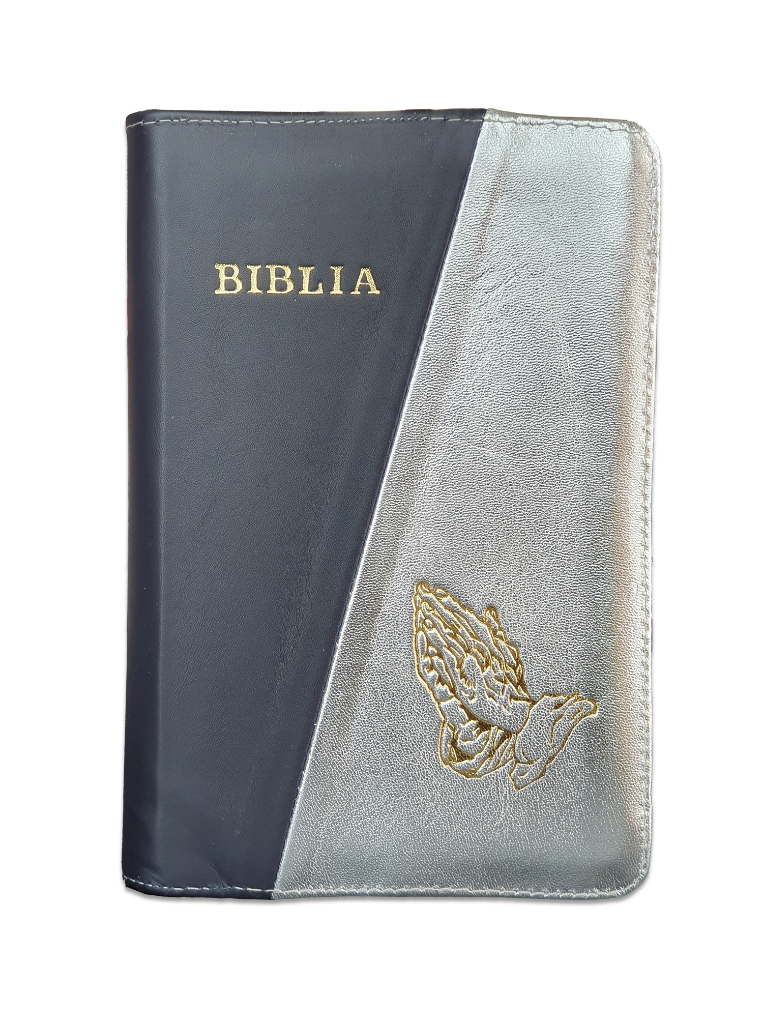 Biblie din piele,marime mica, culoare negru cu argintiu, fermoar, margini albe, simbolul maini in rugaciune, cuv. lui Isus in rosu [043 PF]