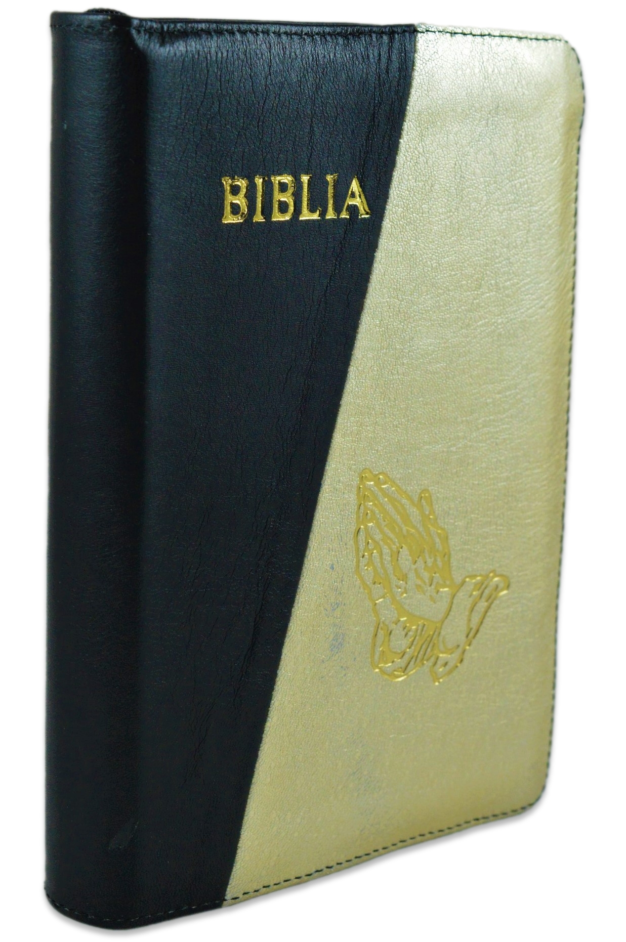 Biblie din piele,marime mica, culoare negru cu auriu, fermoar, margini albe, simbolul maini in rugaciune, cuv. lui Isus in rosu [043 PF]