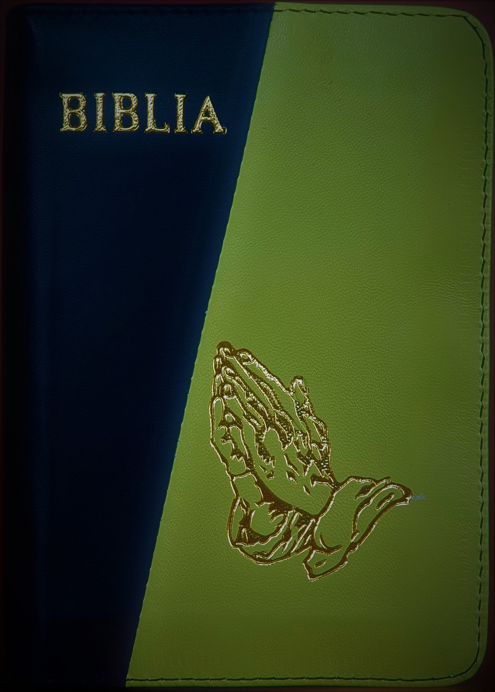 Biblie din piele,marime mica, culoare negru cu verde, fermoar, margini albe, simbolul maini in rugaciune, cuv. lui Isus in rosu [043 PF]