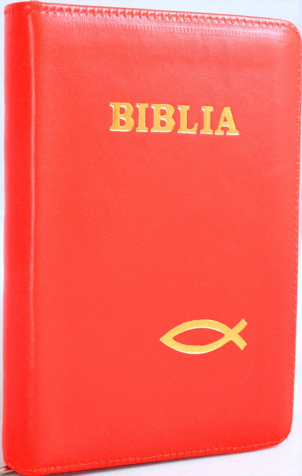 Biblie marime mica, din piele, culoare rosie, margini argintii simbol peste, fermoar [043 PF]