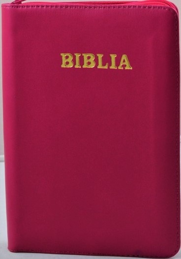 Biblie din piele,marime mica, culoare roz inchis, fermoar, margini albe, cuv. lui Isus in rosu [043 PF]