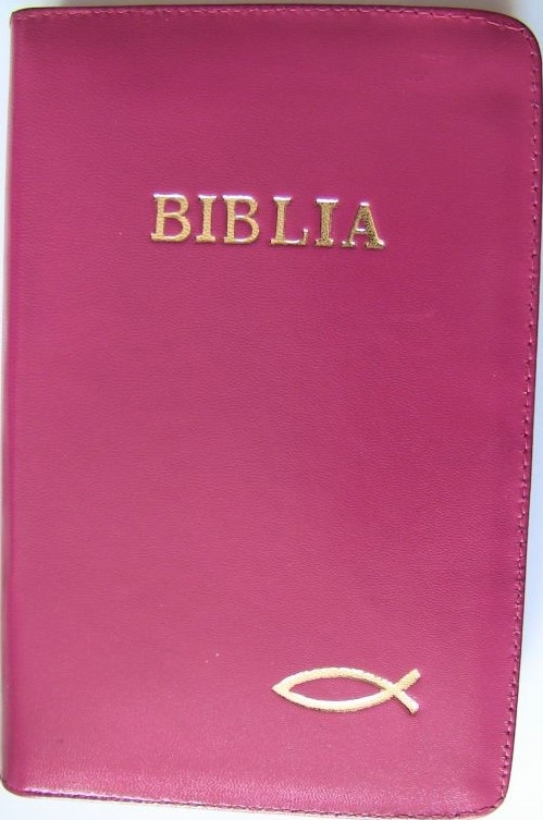 Biblie din piele,  marime mica, culoare roz inchis, fermoar, margini albe,simbol peste, cuv. lui Isus in rosu [043 PF]