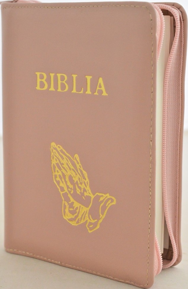 Biblia din piele, marime medie, culoare roz pudra inchis, fermoar,margini albe,simbol maini in rugaciune, cuv. lui Isus cu rosu [053]