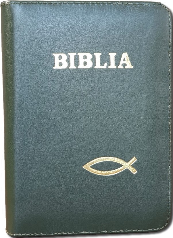 Biblie din piele,  marime mica, culoare verde inchis, fermoar, margini albe,simbol peste, cuv. lui Isus in rosu [043 PF]