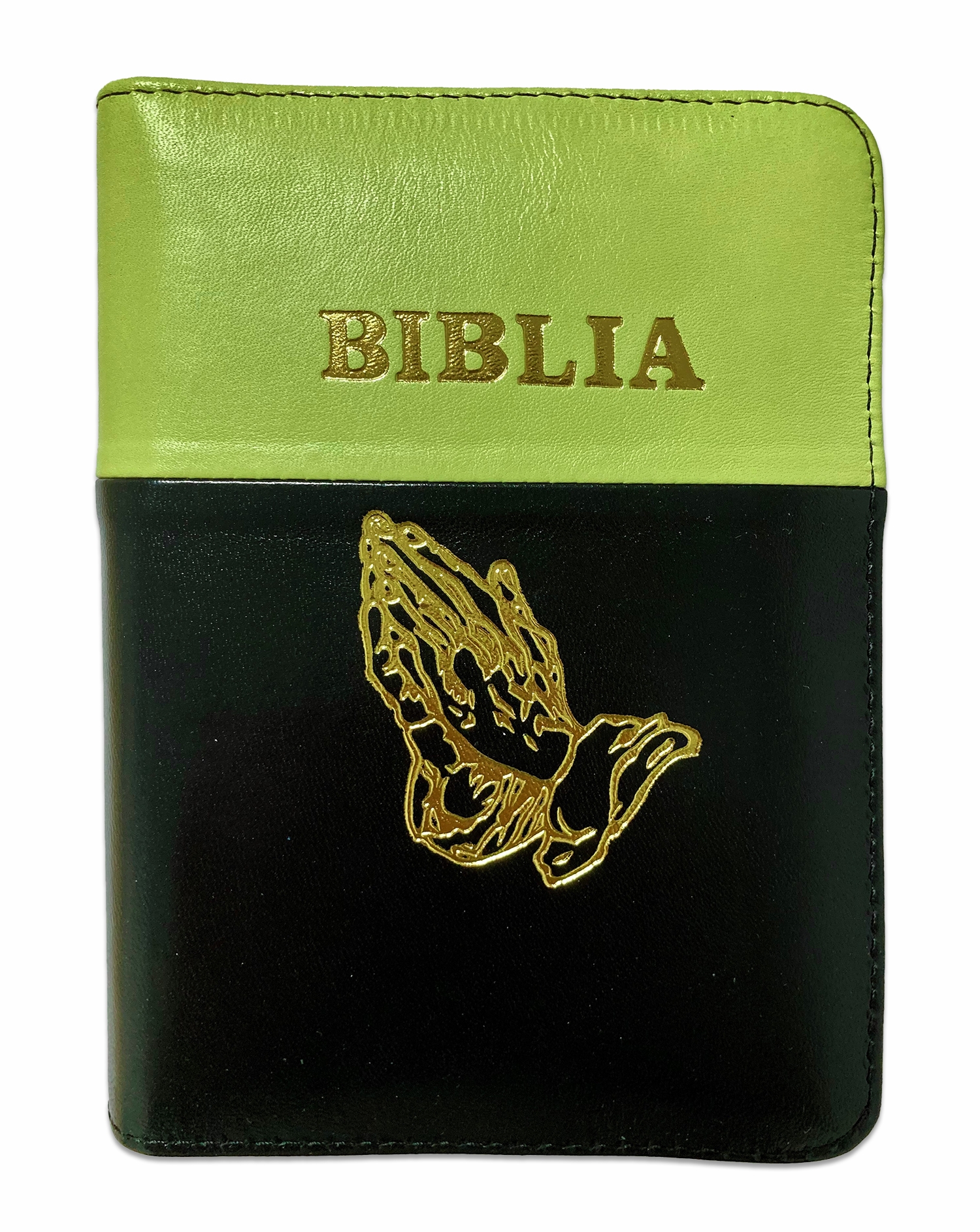 Biblie din piele,marime mica, culoare verde deschis cu negru, fermoar, margini albe, simbolul maini in rugaciune, cuv. lui Isus in rosu [043 PF]