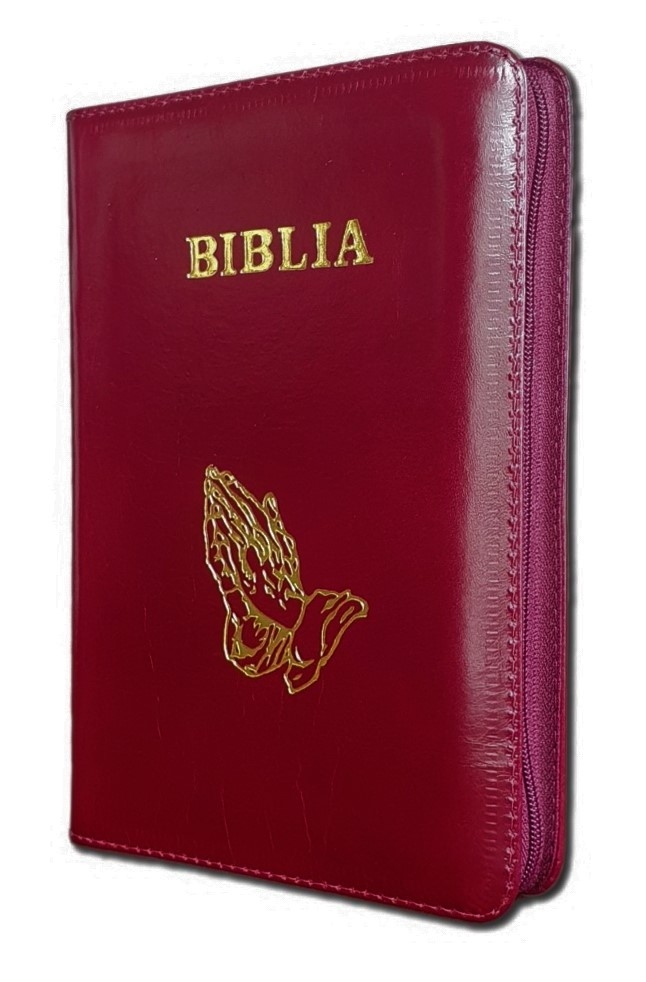Biblie din piele,marime mica, culoare visiniu inchis lucios, fermoar, margini albe, simbolul maini in rugaciune, cuv. lui Isus in rosu [043 PF]