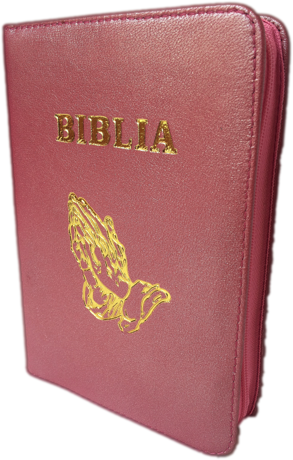 Biblie din piele, mica, purpuriu deschis, fermoar, cu maini, cuv. lui Isus in rosu [043 A]