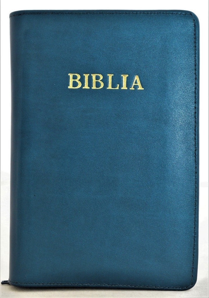 Biblia format mic, din piele, culoare albastră, index, fermoar, margini argintii, cuv. lui Isus in rosu [047 PFI]