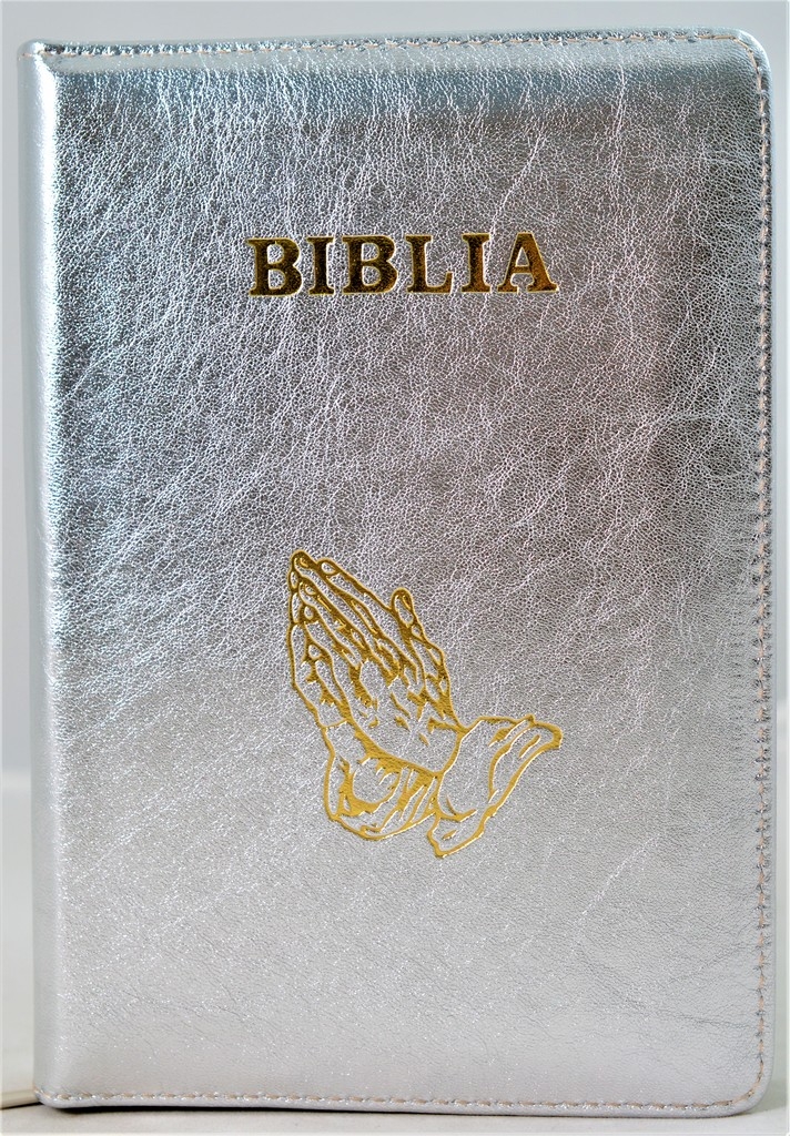 Biblia format mic, din piele, culoare argintiu , index, fermoar, margini argintii,simbolul maini in rugaciune, cuv. lui Isus in rosu [047 PFI]