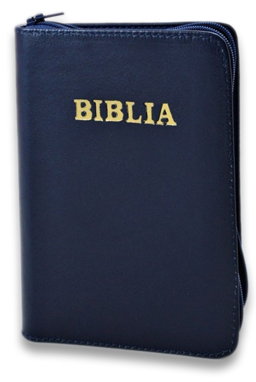 Biblie marime mica, piele,culoare bleumarin inchis, index, fermoar, margini aurii, cuv. lui Isus in rosu,[047 PFI]