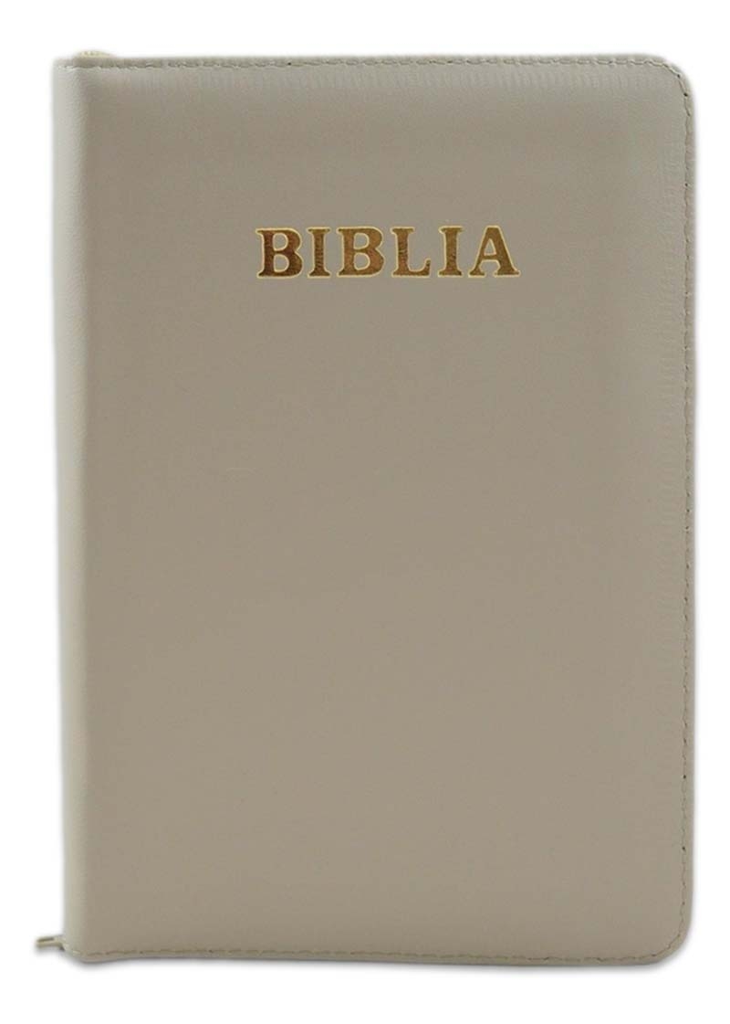 Biblia format mic, din piele, culoare gri, index, fermoar, margini argintii, cuv. lui Isus in rosu [047 PFI]