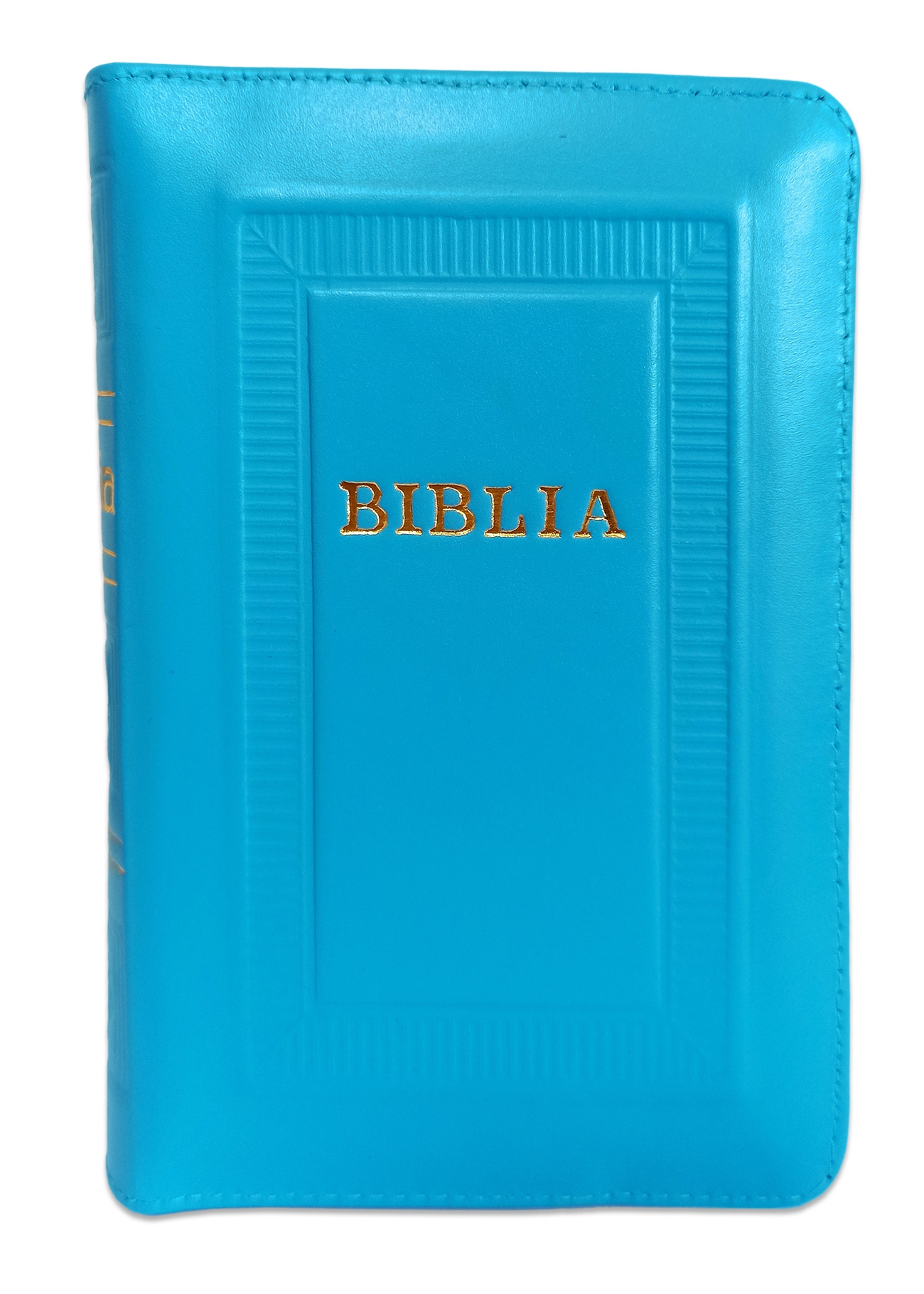 Biblie marime mica, piele, hand made, albastru deschis, index, fermoar, margini aurii, cuv. lui Isus cu rosu [047 HM]