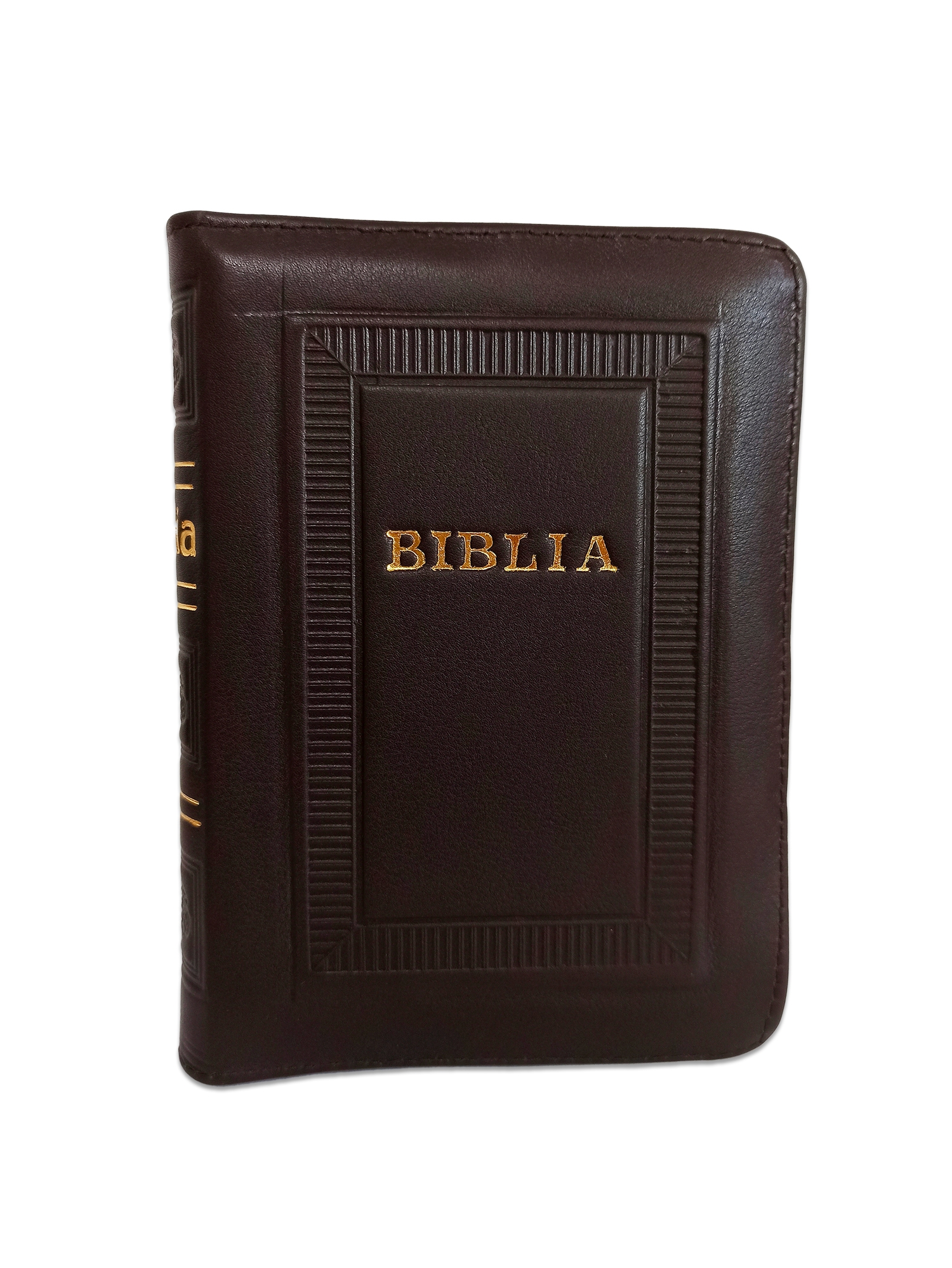 Biblie marime mica, piele, hand made, culoare maro brun , index, fermoar, margini aurii, cuv. lui Isus cu rosu [047 HM]