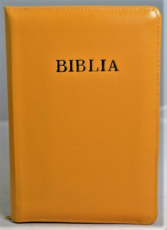 Biblia format mic, din piele, culoare ocru, index, fermoar, margini argintii, cuv. lui Isus in rosu [047 PFI]