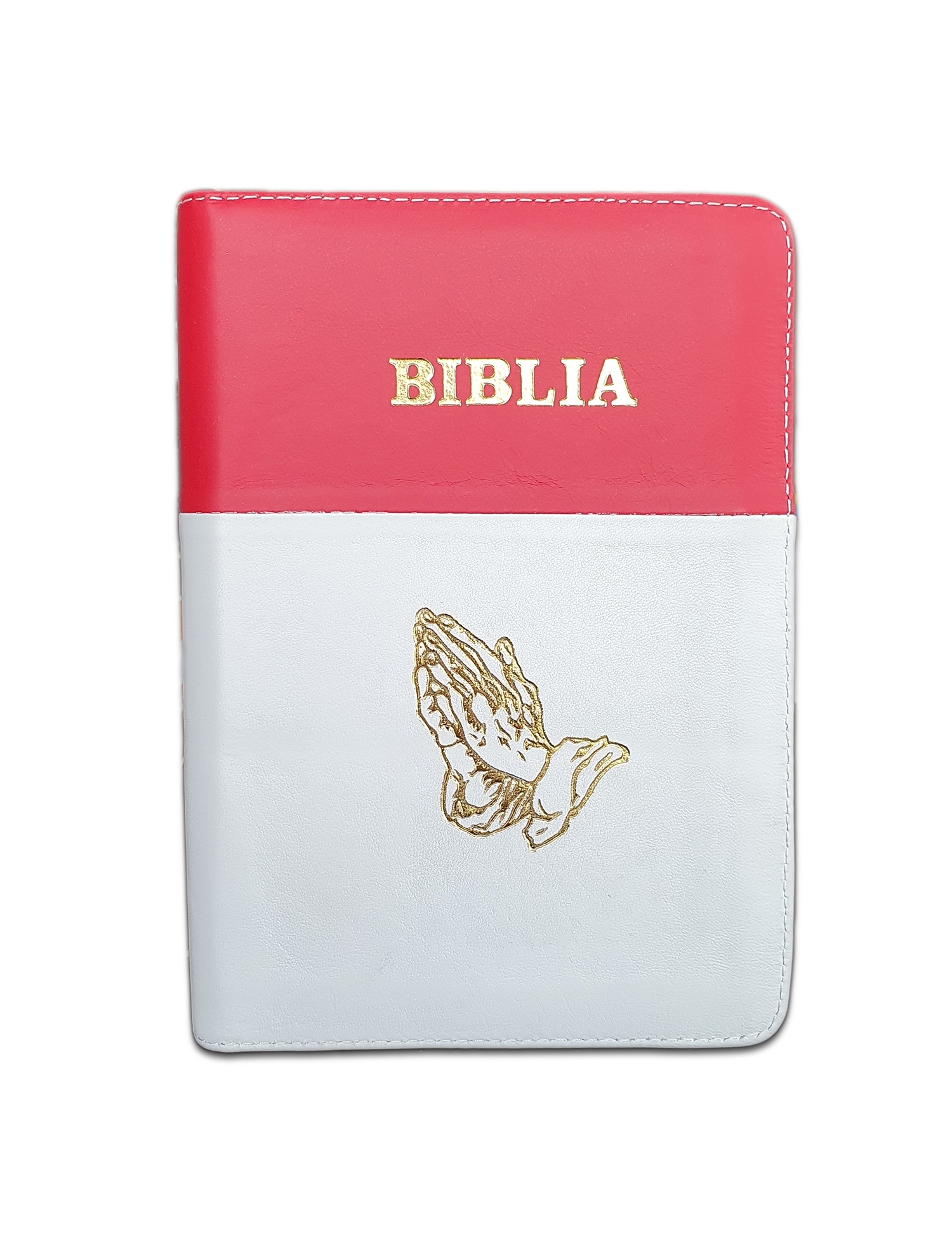 Biblia format mic, din piele, culoare rosu cu alb, index, fermoar, margini argintii, simbol maini in rugaciune, cuv. lui Isus in rosu [047 PFI]