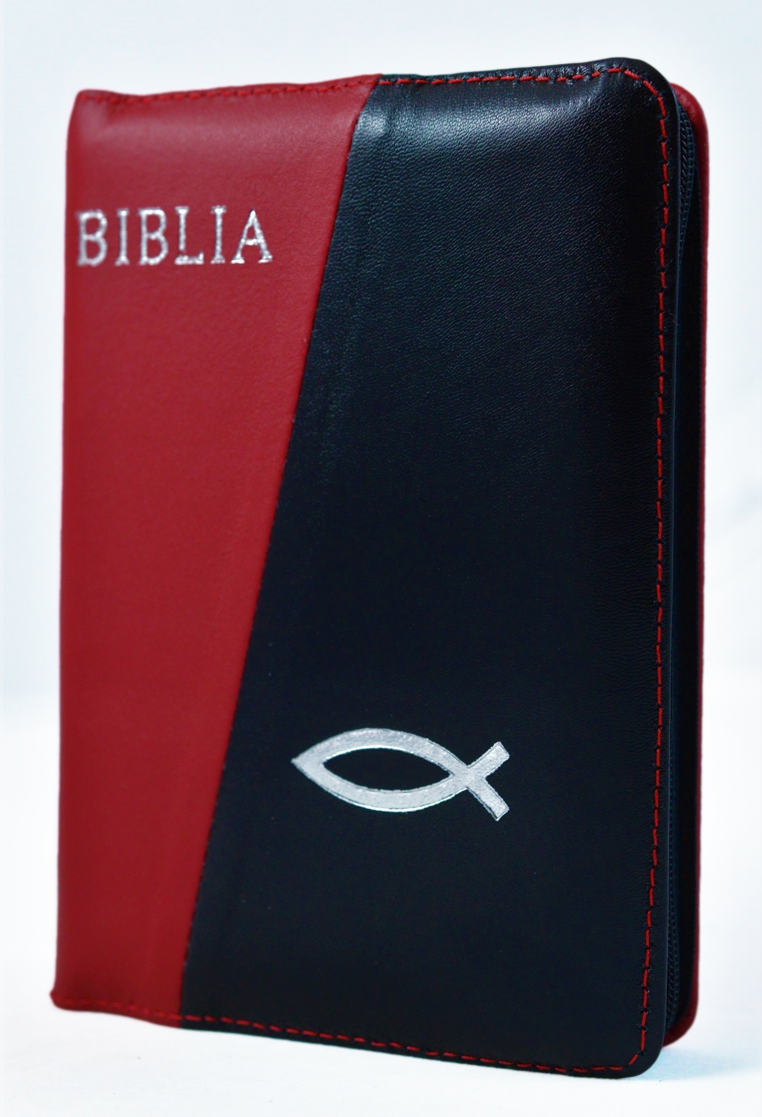 Biblie marime mica, piele,culoare rosu cu negru, index, fermoar, margini aurii, cuv. lui Isus in rosu,simbol peste [047 PFI]