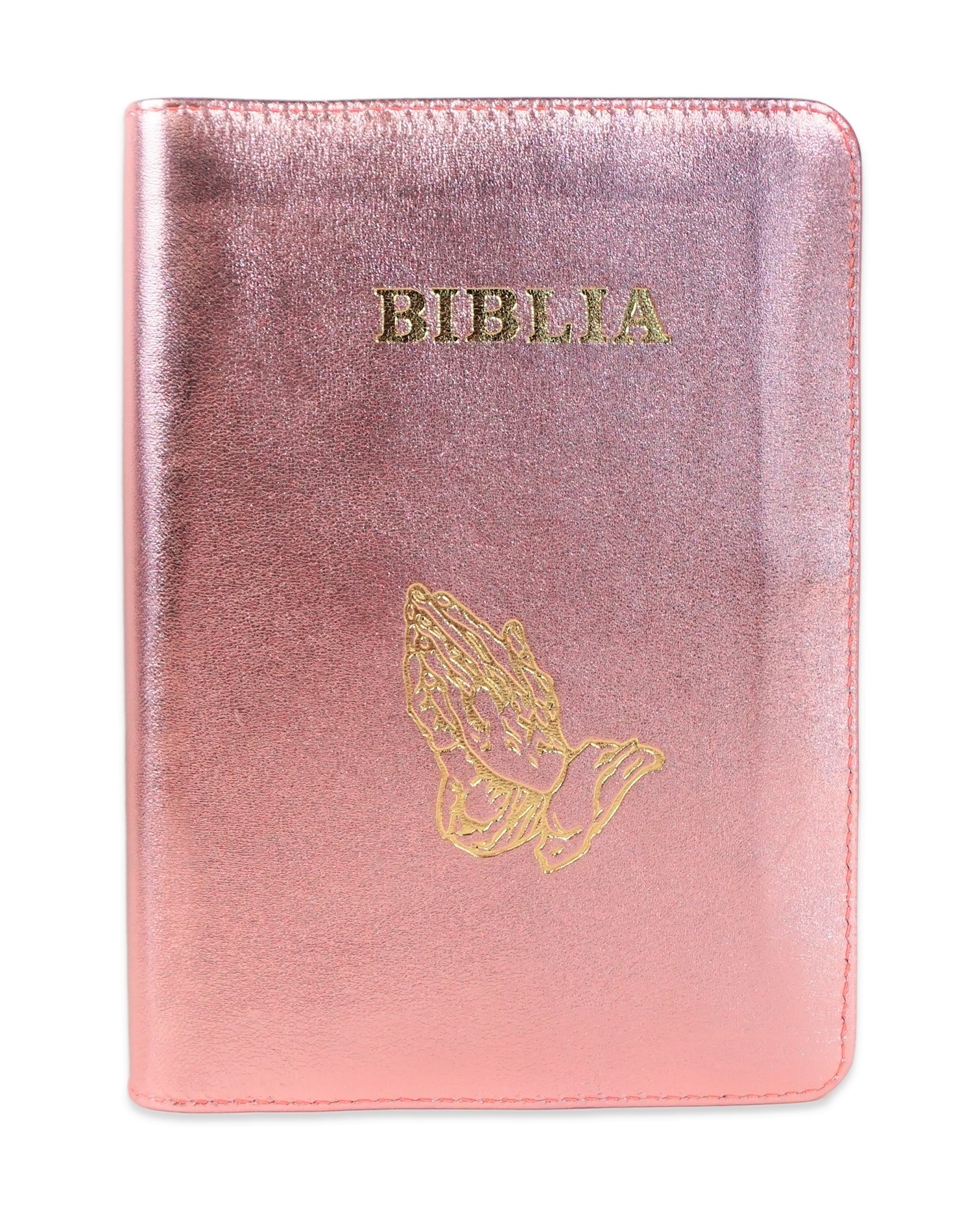 Biblia format mic, din piele, culoare roz sidefat , index, fermoar, margini argintii,simbolul maini in rugaciune, cuv. lui Isus in rosu [047 PFI]