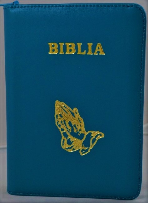 Biblia format mic, din piele, culoare albastru verzui, index, fermoar, margini argintii, simbol maini in rugaciune, cuv. lui Isus in rosu [047 PFI]