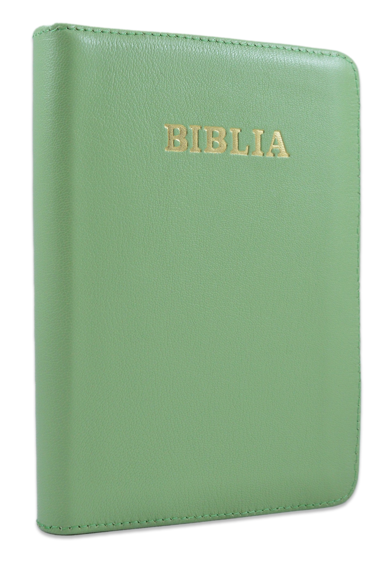 Biblia format mic, din piele, culoare verde deschis, index, fermoar, margini argintii, cuv. lui Isus in rosu [047 PFI]