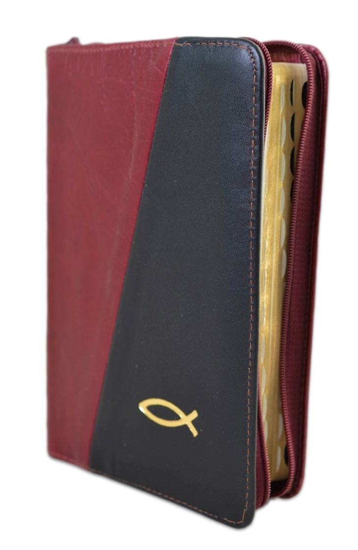 Biblie marime mica, piele,culoare visiniu cu negru, index, fermoar, margini aurii, cuv. lui Isus in rosu,simbol peste [047 PFI]
