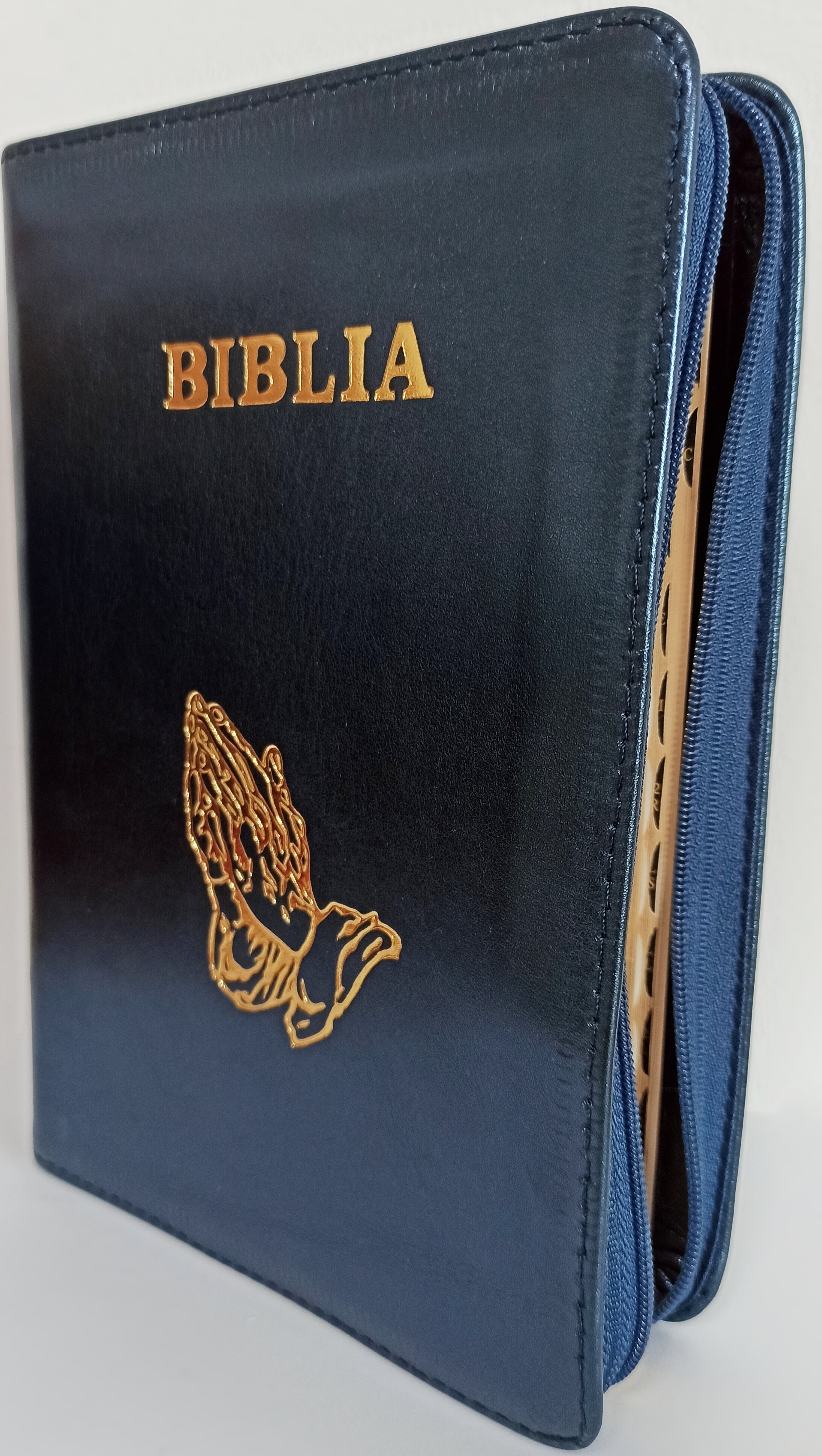 Biblia din piele, marime medie, culoare albastru sidefat, fermoar, margini aurii, simbolul maini in rugaciune, cuv. lui Isus cu rosu [052]