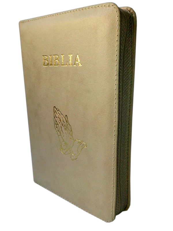 Biblia din piele, medie, bej, fermoar, aurita, cu maini, cuv. lui Isus cu rosu [052]