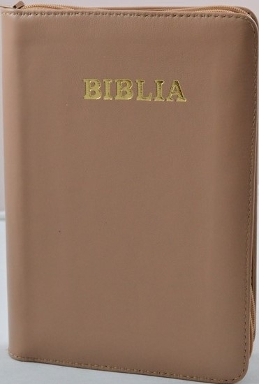 Biblia din piele, marime medie, culoare, roz plămâniu, fermoar, margini aurii, cuv. lui Isus cu rosu [052]